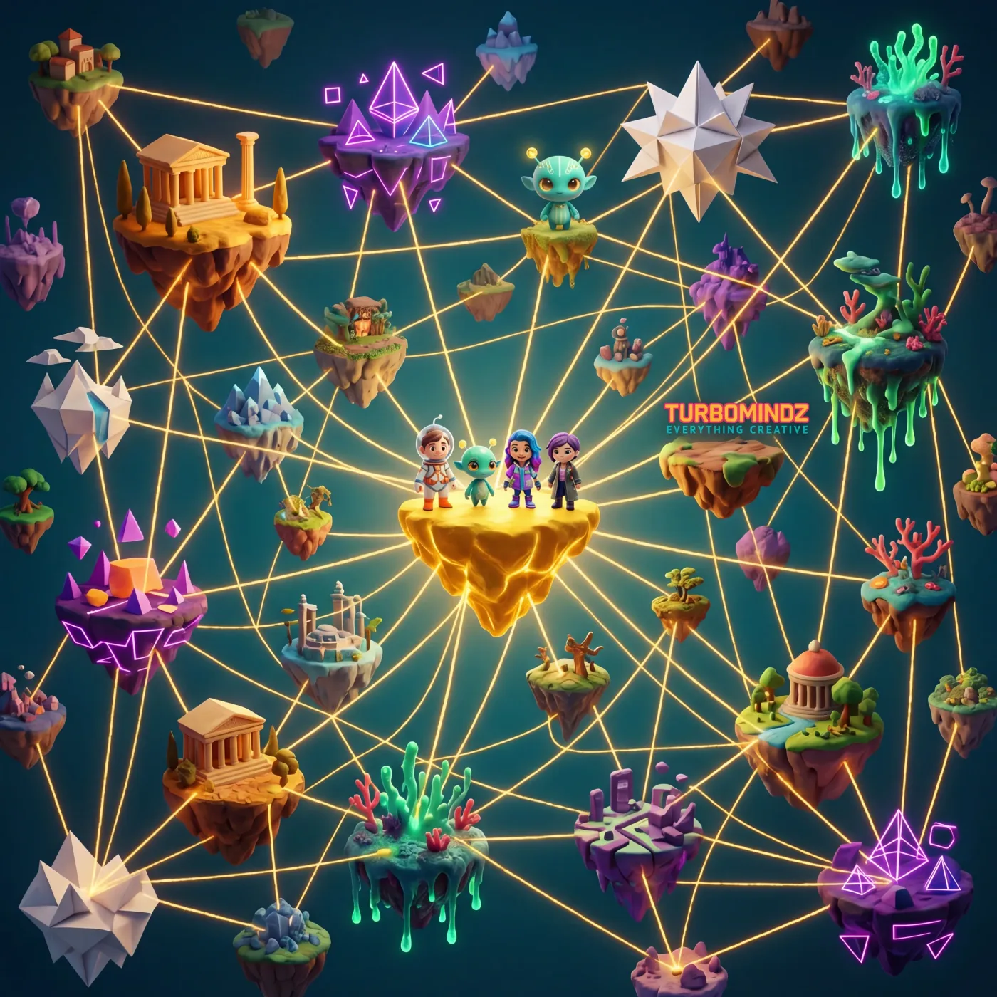 The four Turbomindz characters standing together on a glowing island at the centre of a web of floating worlds joined by gold threads.