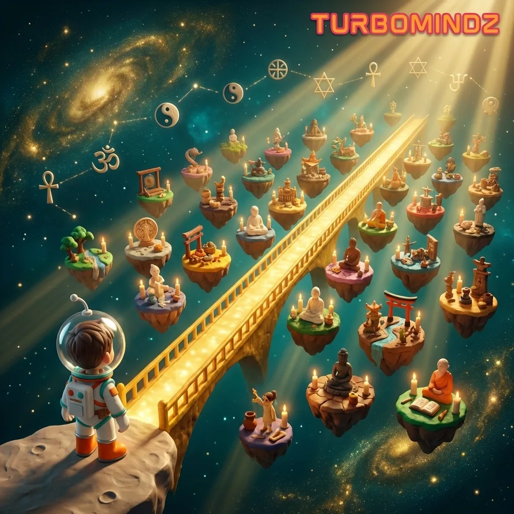 Cosmo stepping onto a golden bridge to the floating islands of every universe.