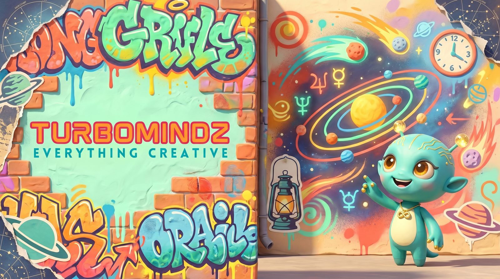 Nova grinning at a colorful cosmic street-art mural in the Graffiti Oracle universe, the TURBOMINDZ wordmark sprayed on the wall