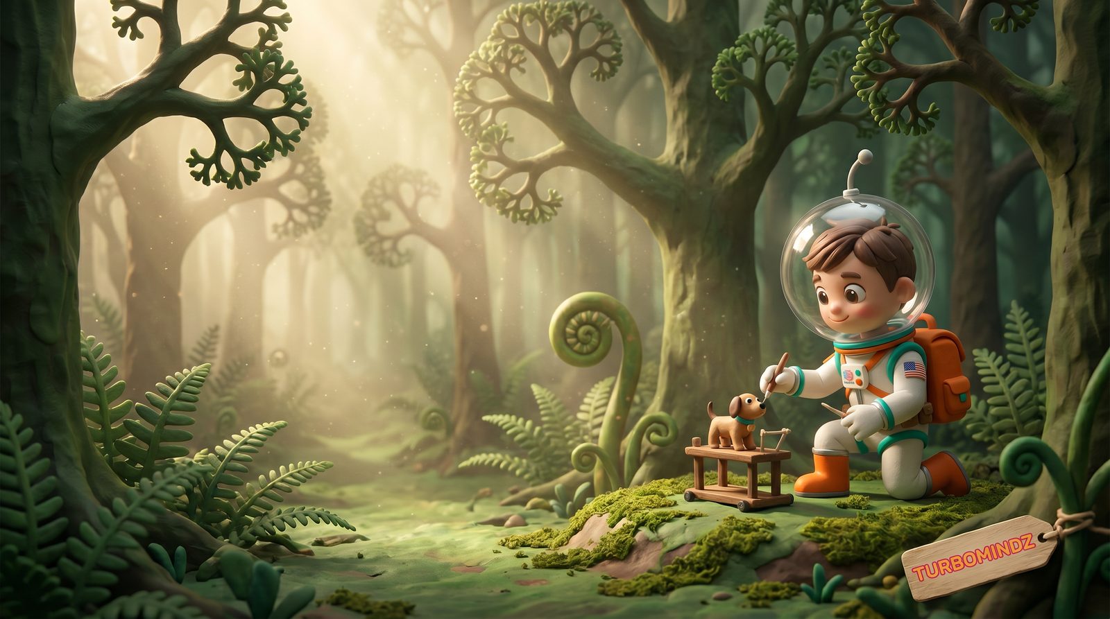 Cosmo kneeling at a tiny claymation animation rig, posing a clay-dog puppet one frame at a time in a recursive plasticine fractal forest — the Fractal Wilderness universe