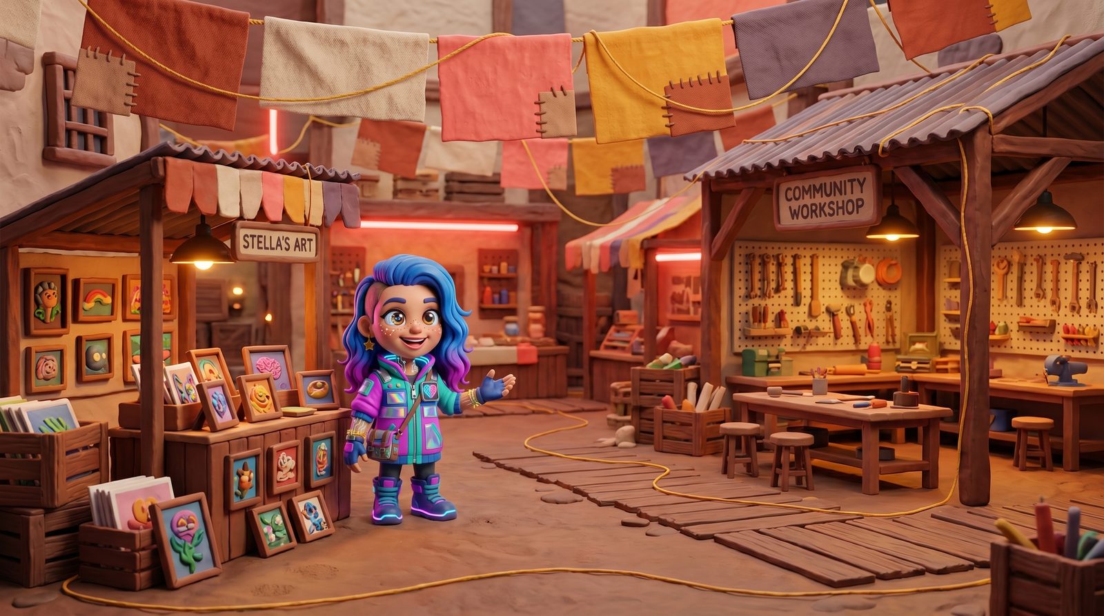 Stella standing at a coral-neon-lit market stall of small affordable artworks in The Village — a hand-built maker-commons of crate workshops threaded with a golden seam, welcoming a first-time visitor in to look