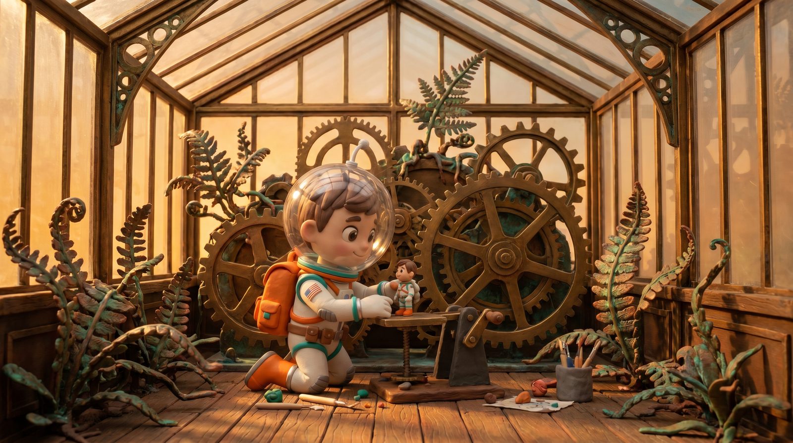Cosmo kneeling at a small hand-cranked clay-animation rig, carefully posing a tiny clay figure one frame at a time, inside a brass-and-glass Victorian glasshouse where copper ferns root into meshing clockwork gears — the Mechanical Botanical universe