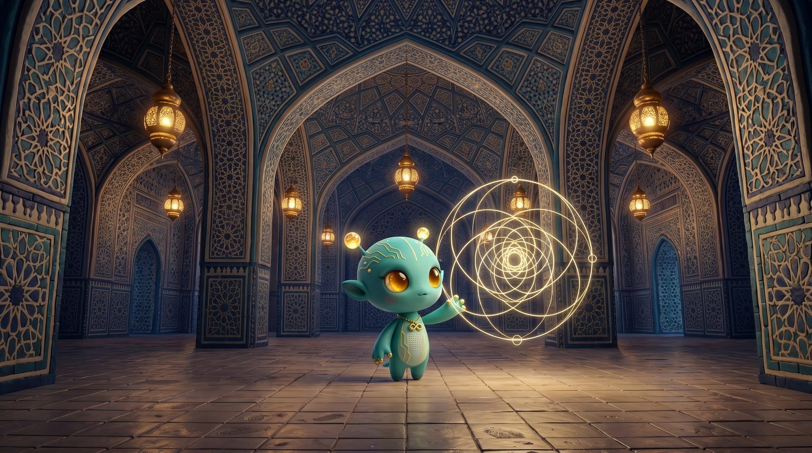 Nova standing on the tiled floor of the Geometric Sacred prayer-hall, tracing a glowing nested mandala in the air with one finger as golden-spiral lines and a Flower-of-Life relief bloom from the dome above her, emerald and cobalt girih tilework breathing outward in every direction