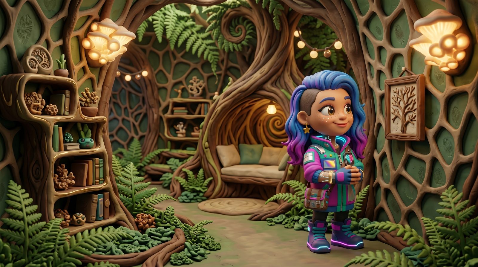 Stella in the Fractal Wilderness, hanging a small framed artwork at eye level on a living branch-wall of a cozy fractal-forest home, then stepping back to enjoy it in soft spore-mist light