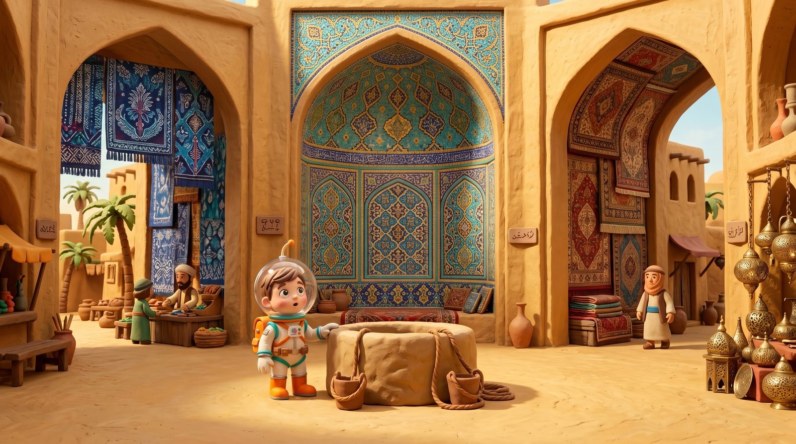 Cosmo standing wide-eyed with wonder in the middle of the Silk Road Interchange caravanserai courtyard, where four roads meet at the well — indigo batik awnings overhead, mixed-tradition mosaic re-sorting on the iwan domes, spice-sacks and rugs from a dozen cultures laid out around him, his antenna bent on the fishbowl helmet