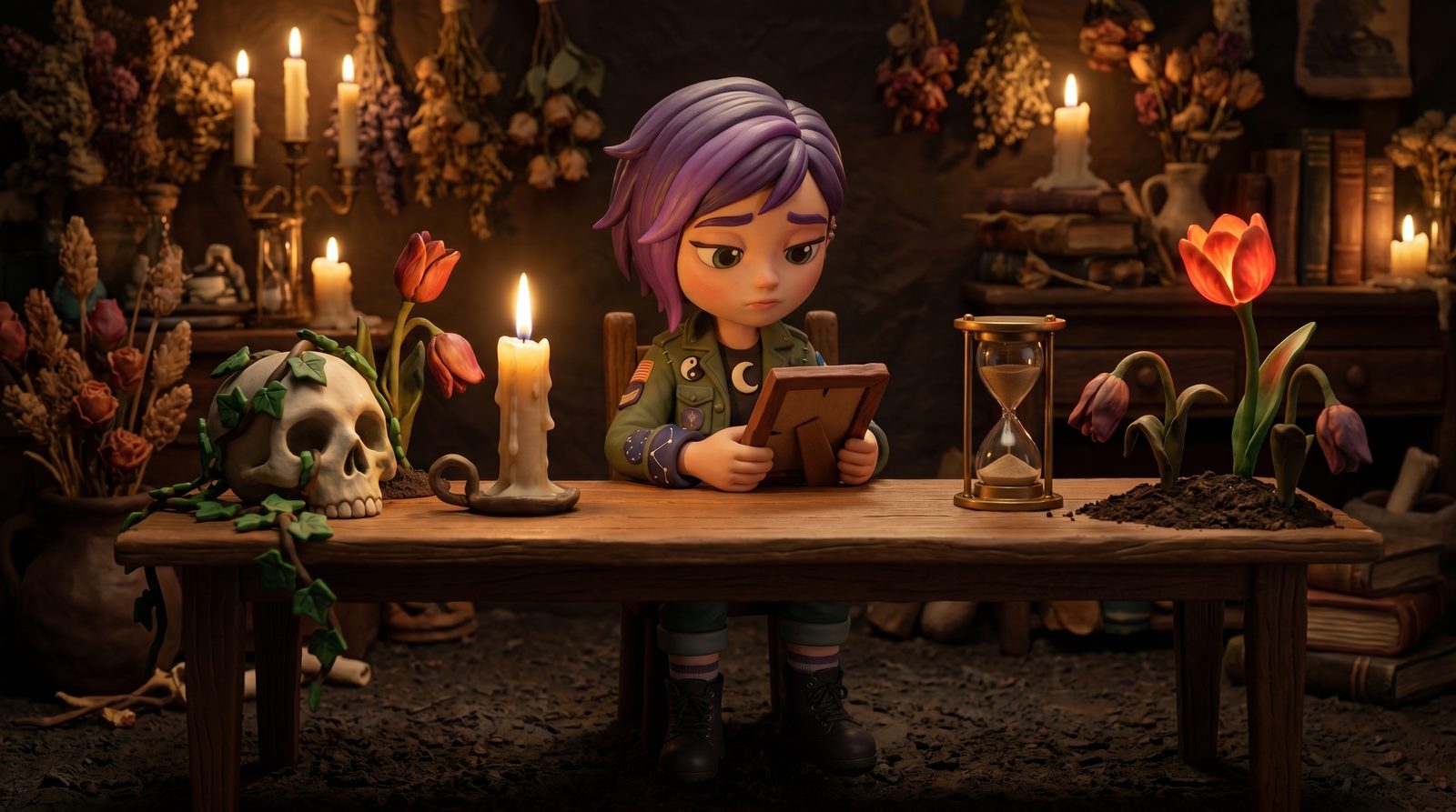 Luna in the Memento Mori Botanical universe, seated at a candlelit oak collector's table holding a small framed artwork beside a guttering candle and a hand-blown hourglass, contemplating what is truly kept as a single vermilion tulip droops in the dark